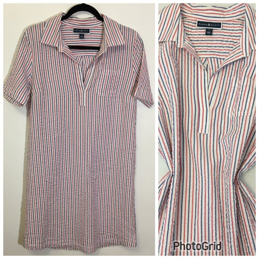 Americana Red White Blue Striped Seersucker Dress Patriotic July 4 Muumuu (10)